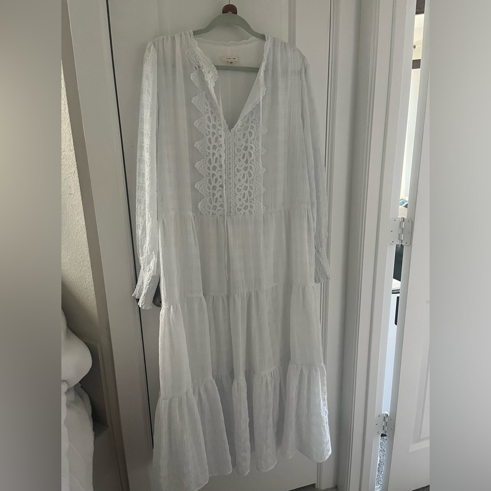 Just Me size L white tiered maxi dress with crochet details